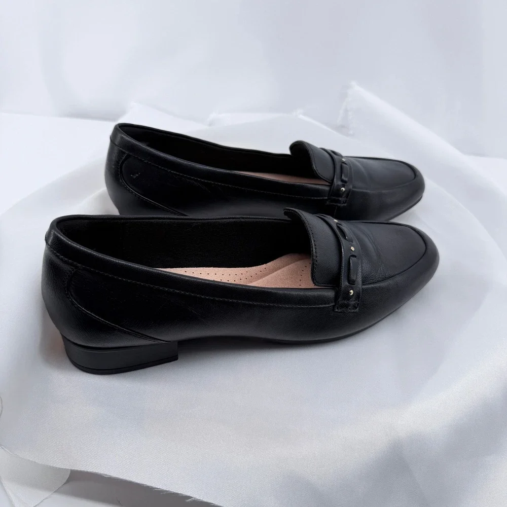 Clarks Collection Loafers Womens 8.5 Black Leather Square Toe Block Heel Classic